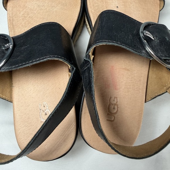 UGG Women 8 April Espadrille Platform Sandal Black Leather Buckle Strap EUC